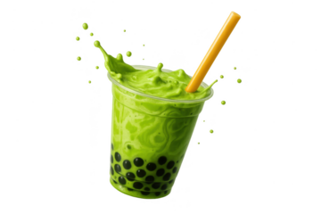 Matcha boba tea with tapioca pearls, splashing isolated on transparent background