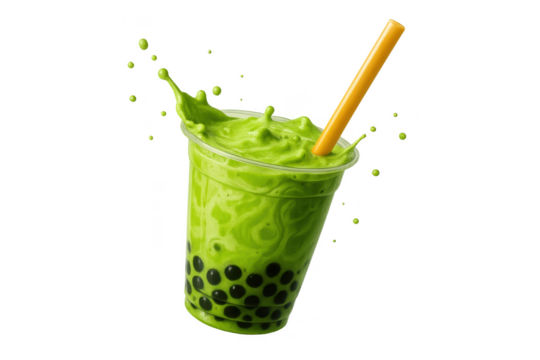 Matcha boba tea with tapioca pearls, splashing isolated on transparent background