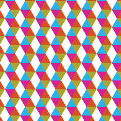 Seamless geometric pattern with colorful triangles in red, blue, green, and yellow tones forming a repeating diamond design. Perfect for backgrounds, textiles, wallpapers, wrapping paper