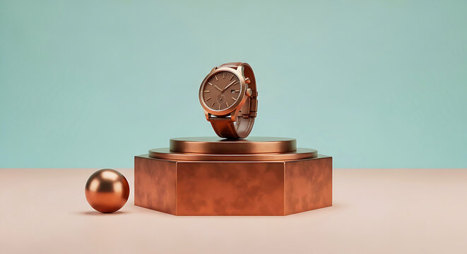 Bronze wristwatch on copper display with sphere against a teal and pink background metal