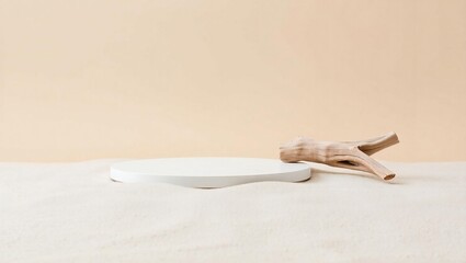 Minimalist scene with white podium and driftwood on sand against beige background