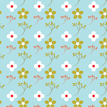 Charming seamless floral pattern featuring white and yellow flowers with red accents on a light blue background. Ideal for fabric, wallpaper, stationery, gift wrap, and surface design. Perfect for spr