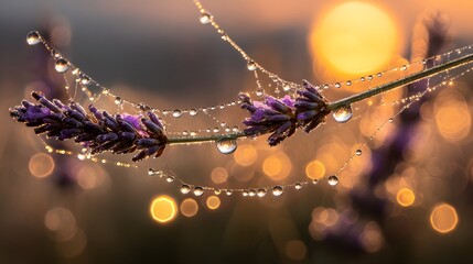 Close up of dew covered spider web stretched between two lavender stem sunrise glowing golden bokeh background extreme macro realism intricate web detail crystal clear water droplet ground level macro