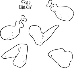 Hand-drawn vector illustration set of delicious fried chicken pieces including drumsticks, wings, and nuggets. Perfect for fast food menus, restaurant branding, or any food-related design.