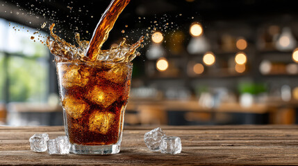 Refreshing splash of cola with ice cubes in a glass at a cozy cafe