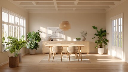A sunlit dining area with natural light and woven furniture.