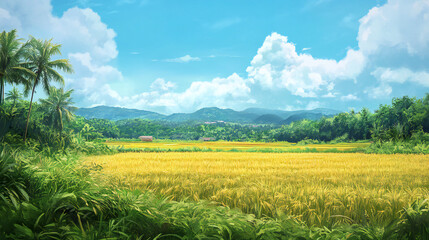 Golden Rice Field with Mountains and Sky in Tropical Landscape