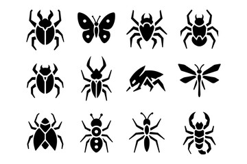 Silhouette insect icons collection: bugs, beetles, and butterflies in black and white