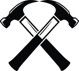 Two crossed hammers represent construction, handyman services, and tools in a minimalist, scalable form suitable for logo designs and branding.