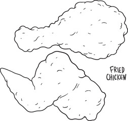 Hand-drawn vector illustration set of delicious fried chicken pieces including drumsticks, wings, and nuggets. Perfect for fast food menus, restaurant branding, or any food-related design.