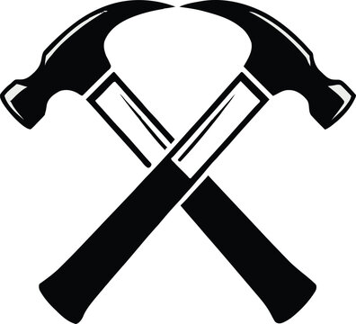 Two crossed hammers represent construction, handyman services, and tools in a minimalist, scalable form suitable for logo designs and branding.