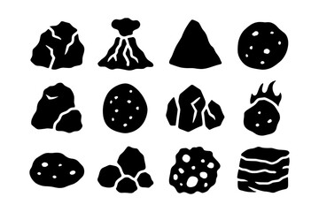 Collection of various volcanic rocks and minerals in black silhouette style