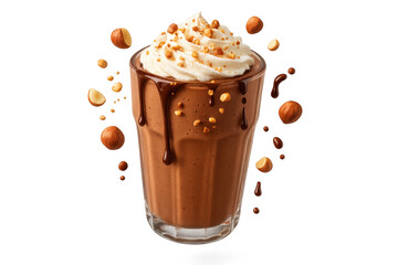 Delicious chocolate milkshake with hazelnuts isolated on transparent background.