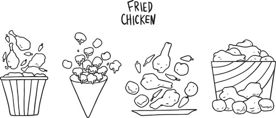 Hand-drawn vector illustration set of delicious fried chicken pieces including drumsticks, wings, and nuggets. Perfect for fast food menus, restaurant branding, or any food-related design.