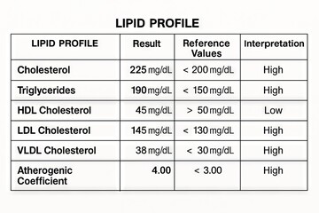 Lipid profile report showing cholesterol, triglycerides, hdl, ldl, vldl levels and atherogenic coefficient with interpretation of high values