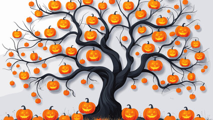 Spooky tree adorned with carved pumpkins for Halloween celebration