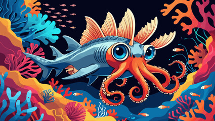 Whimsical fish with octopus tentacles swimming in vibrant coral reef