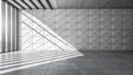 Abstract Geometric Architecture: A minimalist modern interior space showcases striking geometric patterns on the wall, accentuated by the play of light and shadow through large, sleek windows.