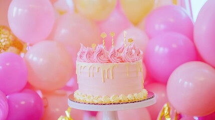 Pink birthday cake surrounded by balloons