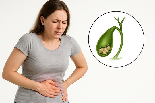 Woman experiencing pain in right side with illustration of gallbladder with stones. concept of abdominal pain, health issues, medical awareness, white background