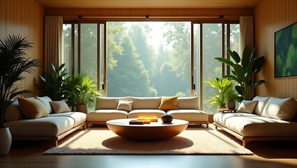 Fototapeta premium Eco-friendly living room with natural light and indoor plants