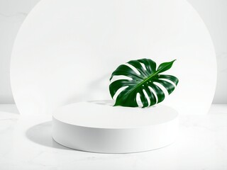 Minimalist scene with monstera leaf on a white pedestal