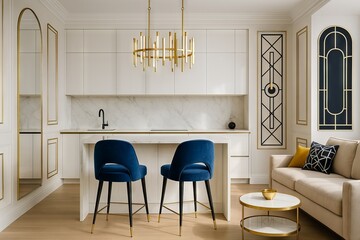 Art deco kitchen and living room interior with elegant gold accents and blue velvet chairs for modern home decor inspiration