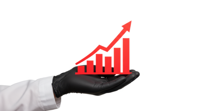 A gloved hand presents a rising red bar graph, symbolizing growth and success.