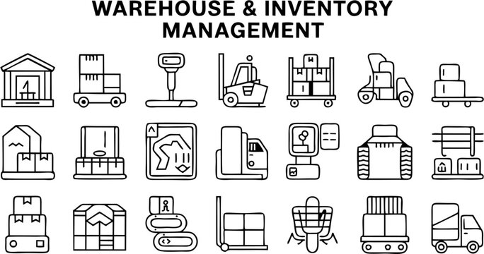Modern Warehouse & Inventory Management Vector Icon Set featuring forklifts, boxes, barcodes, shelves, scanners, and charts—ideal for logistics and ERP apps.
