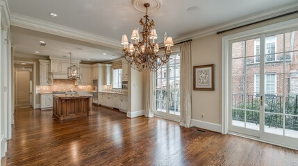 Spacious dining area with kitchen view and french doors.
