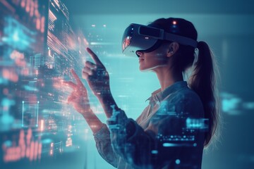 Woman wearing XR VR glasses surrounded by digital tech elements