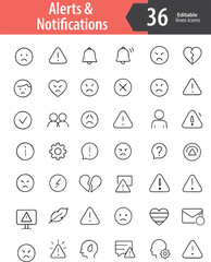 Alerts and Notification Line Icons, Bell, Warning Sign, Pop-Up Message, Badge Alert, Error Symbol, Editable Formats: AI, EPS, PNG, Ideal for Both UI and Print Media Use
