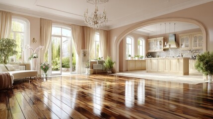 A spacious, light-filled interior with polished wooden floors.