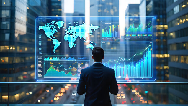 Businessman analyzes global market data and financial charts on a transparent screen against a city backdrop, examining graphs and trends.