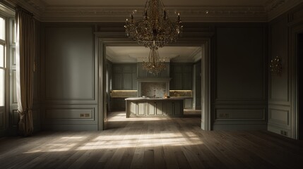 Grand, antique-style interior with a view to a kitchen.