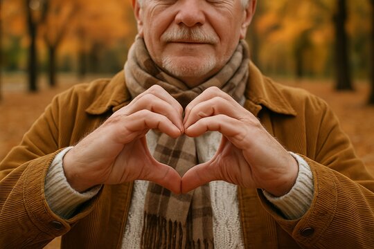Elderly caucasian man forming heart shape with hands in autumn park. concept of love, kindness, positive gesture, heartfelt compassion