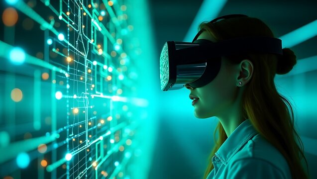 Woman using vr headset with green technology interface