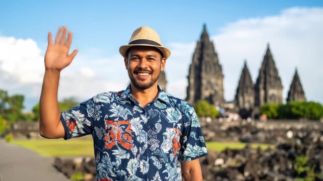 Tourist Man Smiling and Waving Hand at Prambanan Temple