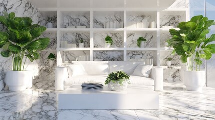 Modern marble living room interior design with potted plants.