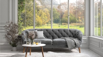 Gray velvet sofa in a sun-drenched room with large windows overlooking a park.