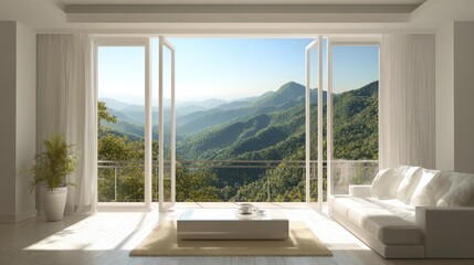 Panoramic mountain view from a modern living room.
