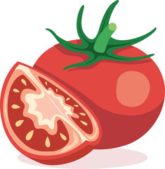 Illustration of a whole red tomato with green stem and a sliced tomato showing its inner texture and seeds.
