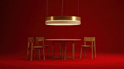 Wooden dining chairs and a circular pendant light against a deep red backdrop.