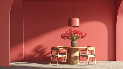 Red dining area with wooden furniture and a centerpiece.