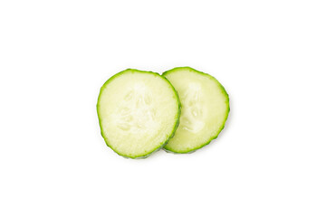 Cucumber isolated on white background. Slice of cucumber on white background. Fresh organic green cucumbers. Vegan. Ingredient for salad. Farm vegetables.