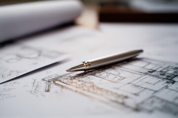 Architectural plans carefully arranged with a silver pen setting the stage for innovative design work in a creative workspace