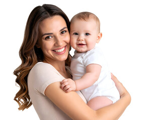 A smiling mother holds a baby in her arms, radiating warmth and joy on a transparent background.