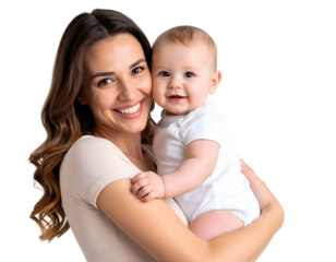 A smiling mother holds a baby in her arms, radiating warmth and joy on a transparent background.