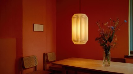 A warm, inviting interior scene with a pleated pendant lamp.