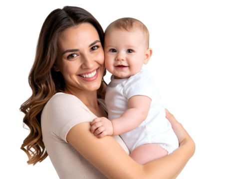 A smiling mother holds a baby in her arms, radiating warmth and joy on a transparent background.